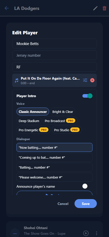 AI announcer voice and dialogue picker