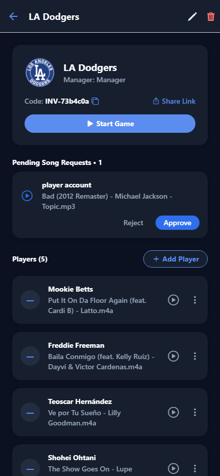 Team roster with walk-up songs