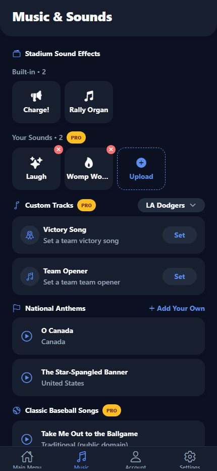 Music and sounds screen with stadium effects and anthems